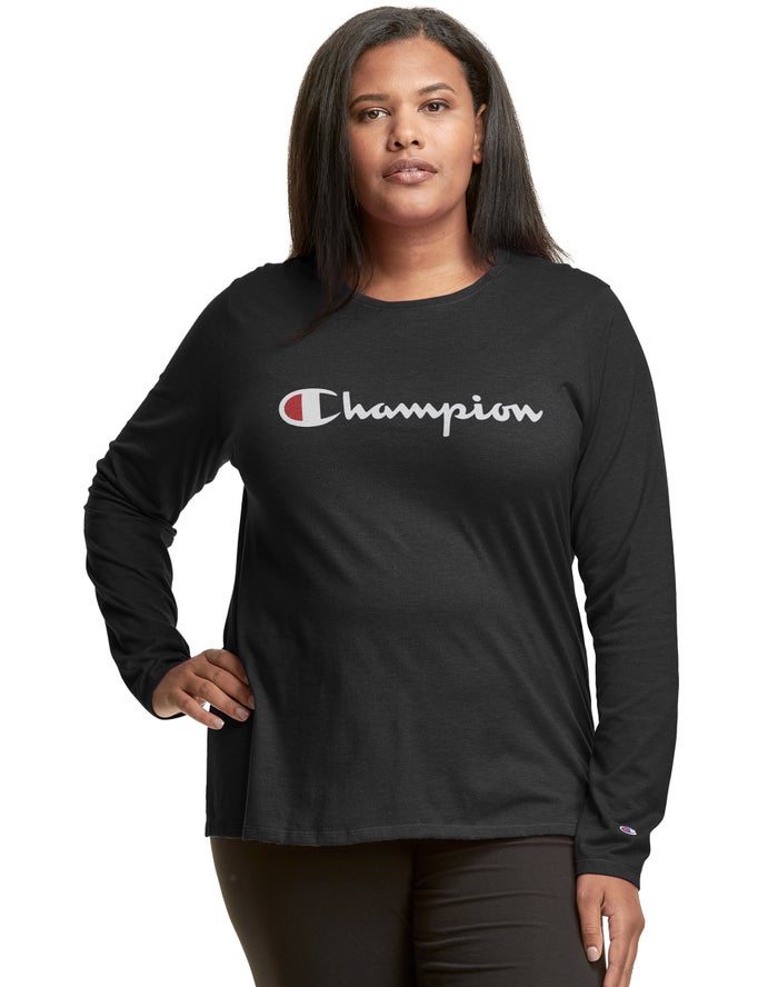 Champion Plus Classic Long-Sleeve Script Logo - Naisten Mustat T-Paita - Suomi 8621403-CQ